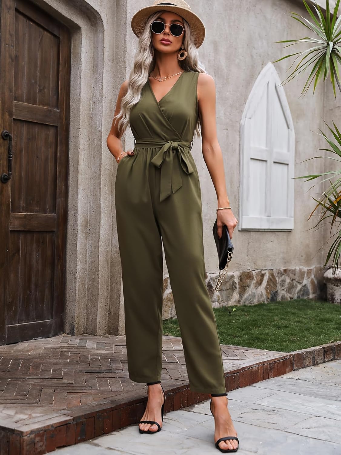Size L ...Elegant Sleeveless Cross-Neck Jumpsuit with Waist Tie